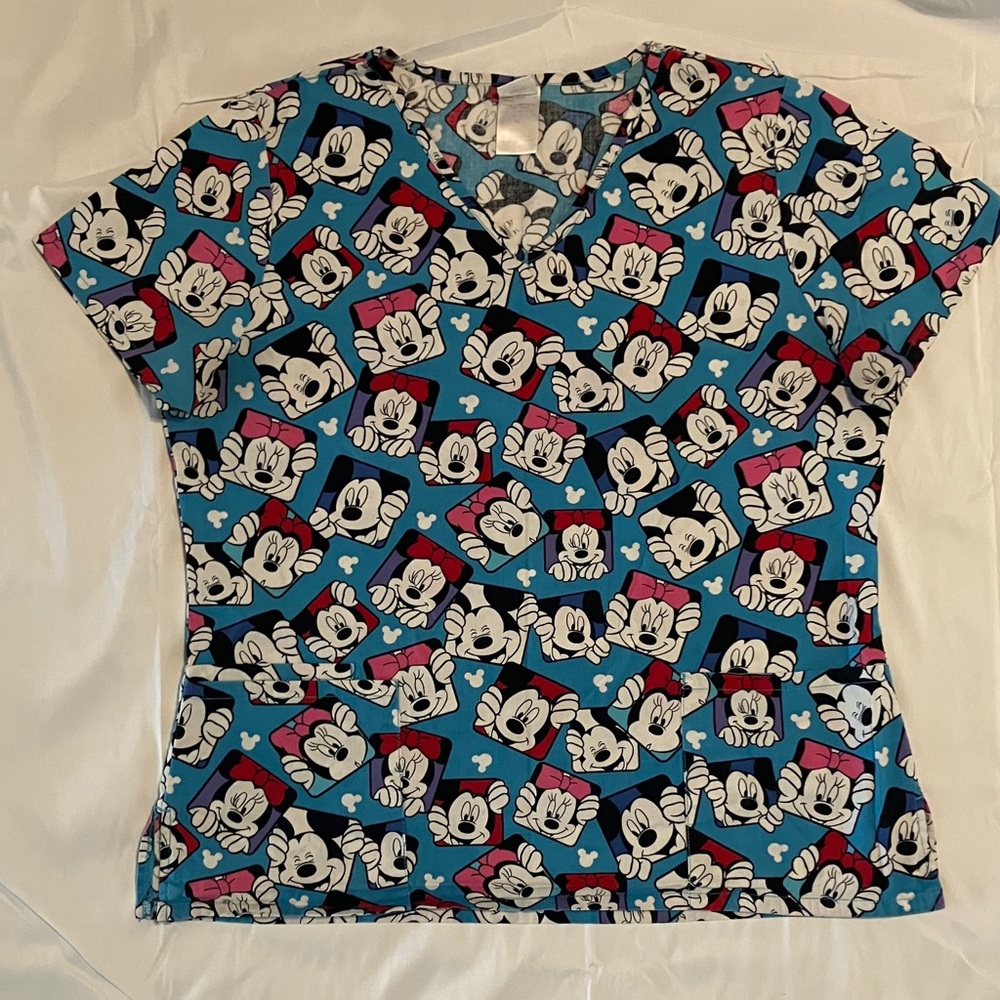 Disney Blue and Pink Mickey and Minnie Print Womens Scrub Top Medium